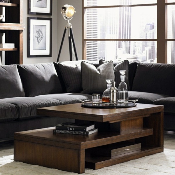 A wooden coffee table in the living room adds warmth and naturalness in