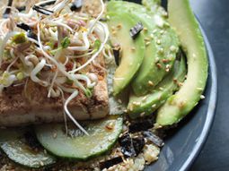 Bowl of Quinoa with tofu, avocado and cucumber, sesame-ginger sauce