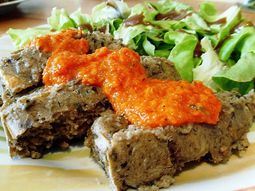 Cake with eggplant and pepper coulis