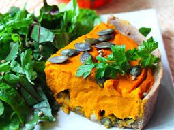 Vegan pumpkin cake and smoked tofu