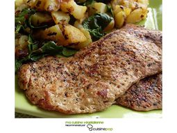 Vegetable cutlet with pepper and fried potatoes with spinach