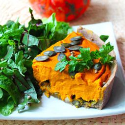 Vegan pumpkin cake and smoked tofu