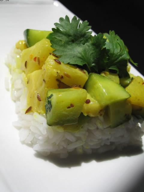 Cucumber with roasted pineapple on Thai rice