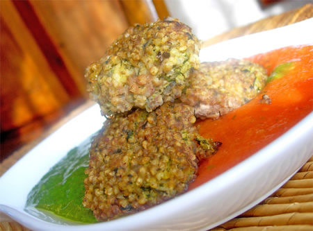 Millet dumplings and tomato coulis tetragonal