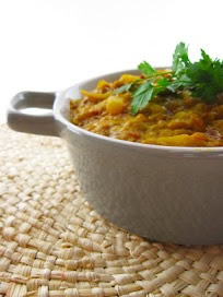 Stewed rhubarb, lentils and rice with spices