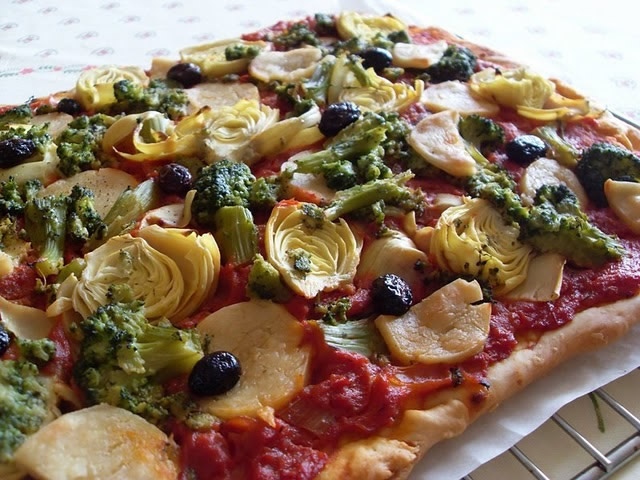 Vegan Pizza broccoli and artichoke hearts