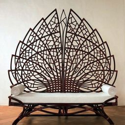 Bench with backrest made of rattan