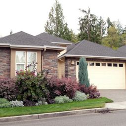 Minimalist garden design with blue gray and purple colors