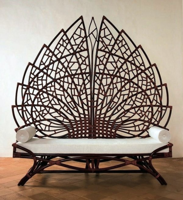 Bench with backrest made of rattan