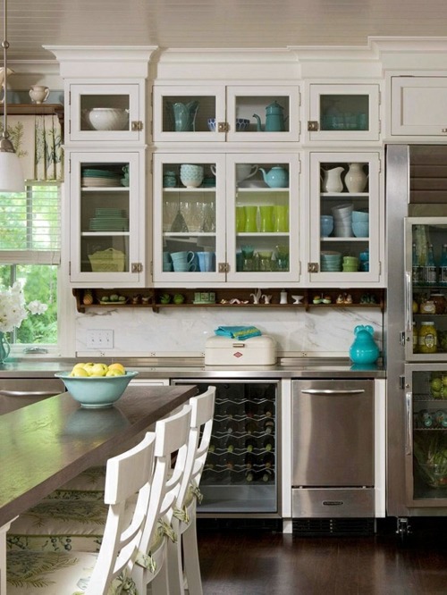 China cabinet and glass display case for a bright kitchen