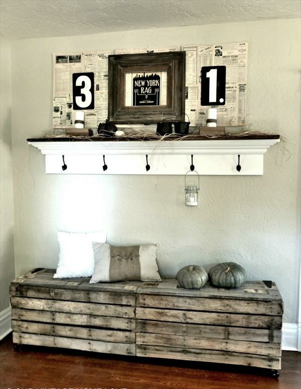 Hallway bench in wood pallets lends a rustic touch