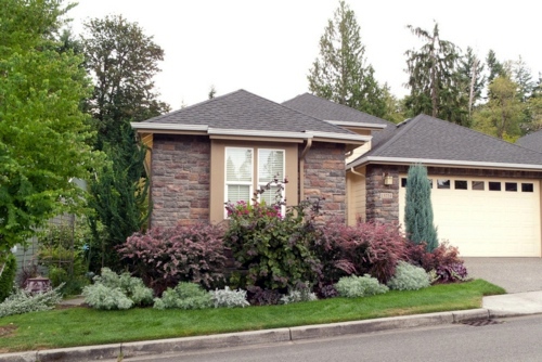 Minimalist garden design with blue gray and purple colors