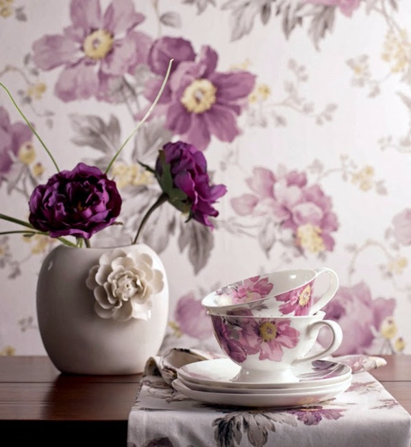 Wallpaper and fabrics with floral pattern for decoration in interior design