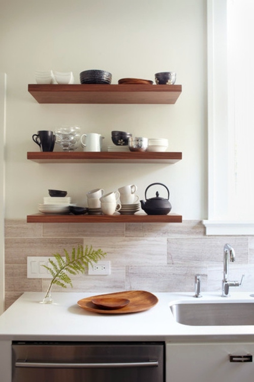 Open kitchen shelves make professional