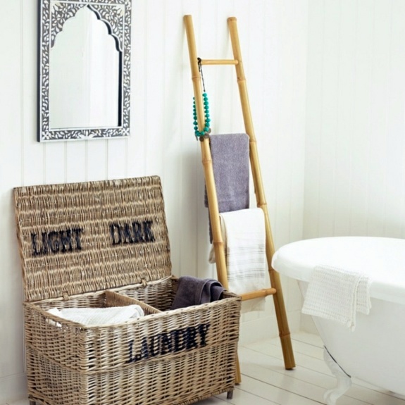 Wooden towel ladder in both rustic as well as in modern bathroom