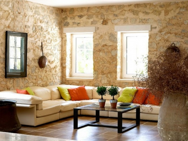 Receive the natural home - natural stone wall in the living room