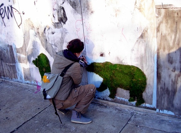Create moss graffiti and host a "green" message Create moss graffiti and host a "green" message