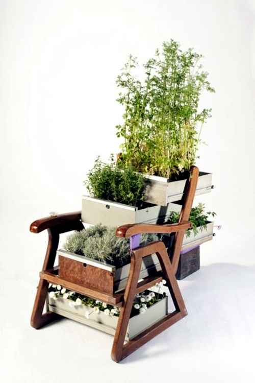 Recycled furniture used as plant containers by Peter Bottazzi and Denise Bonapace