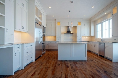 Wood flooring in the kitchen for a homely atmosphere