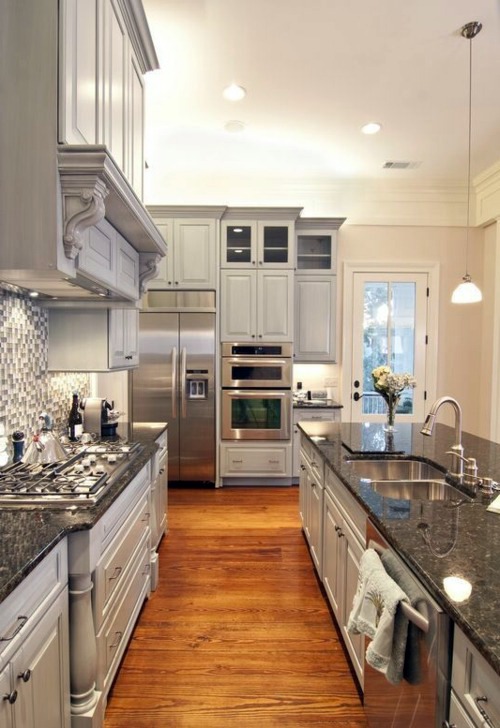 Wood flooring in the kitchen for a homely atmosphere