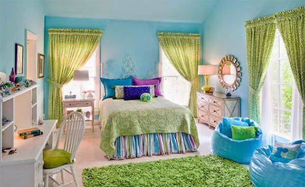 Bedroom colors ideas - blue and bright lime green