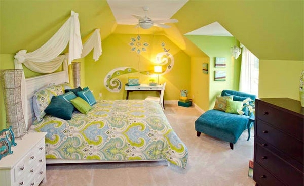 Bedroom colors ideas - blue and bright lime green