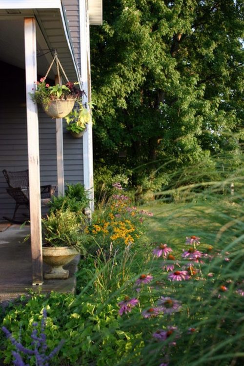 You have a penchant for hanging plants? - Hanging flower pots on the porch