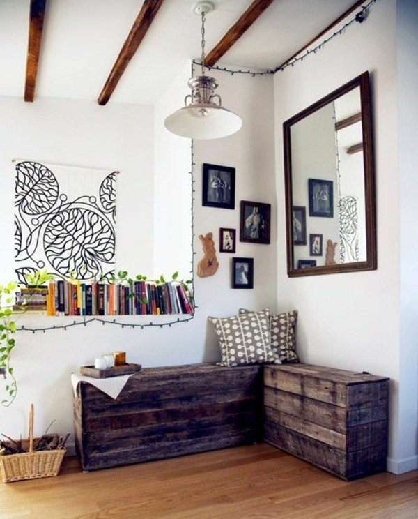 Hallway bench in wood pallets lends a rustic touch
