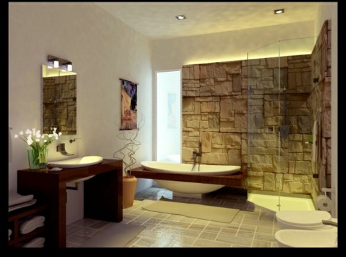 Interesting bathroom design - everything in the bathroom of rough stone