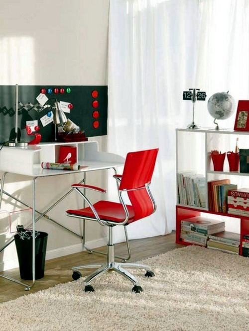 Showy, funktonal furnished home office with red accents