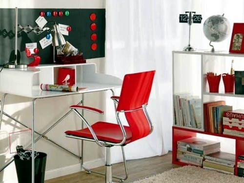 Showy, funktonal furnished home office with red accents