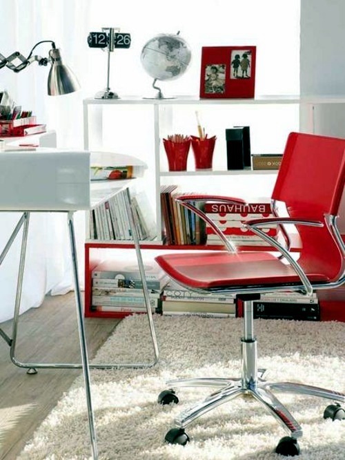 Showy, funktonal furnished home office with red accents