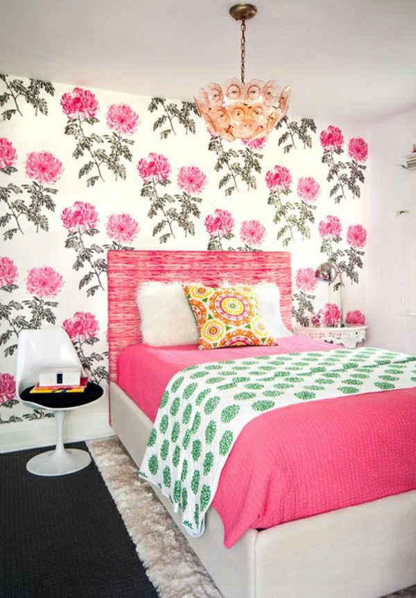 Wallpaper and fabrics with floral pattern for decoration in interior design