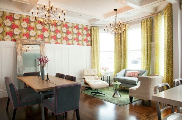 Wallpaper and fabrics with floral pattern for decoration in interior design