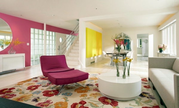 Wallpaper and fabrics with floral pattern for decoration in interior design