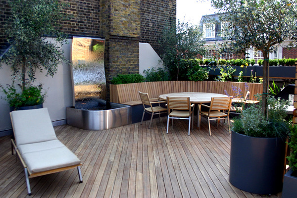 The modern garden bench made of wood