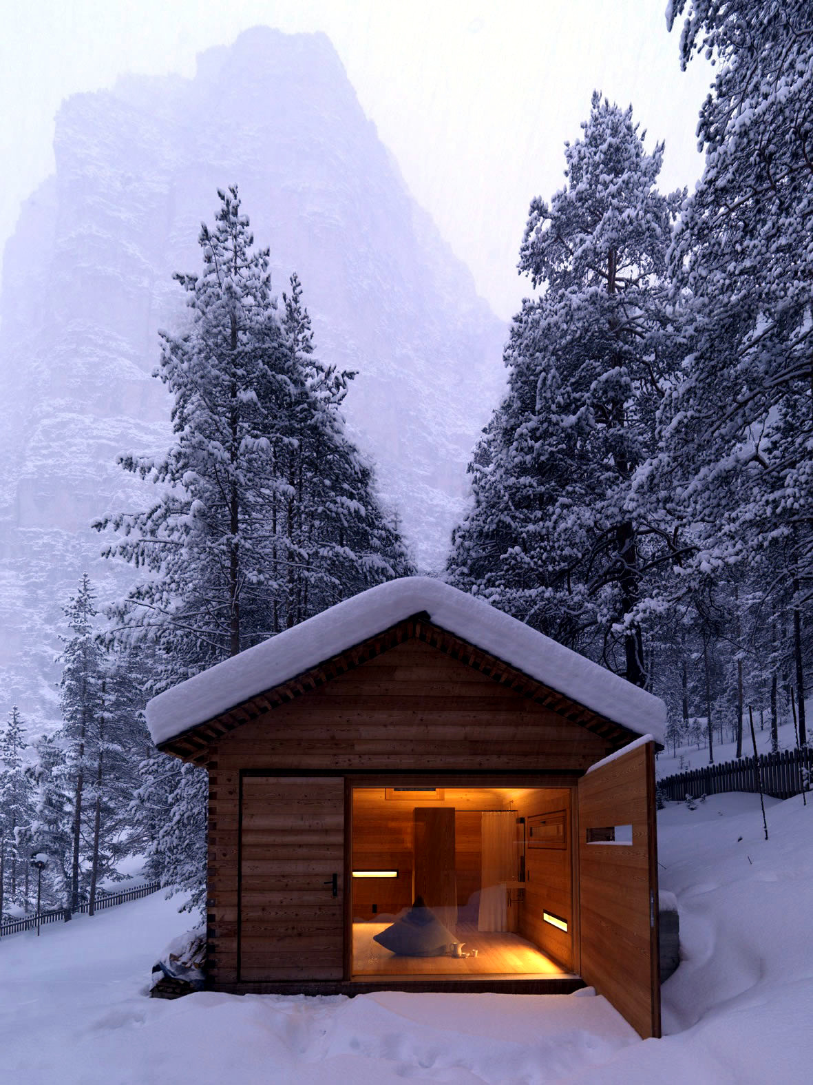 Interior design of a paneled entirely with wood cabin