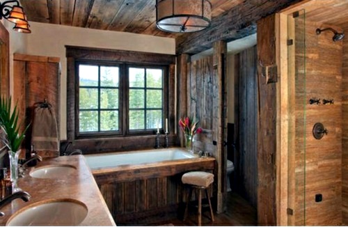 Attractive bathroom with bath from wood Attractive bathroom with bath from wood