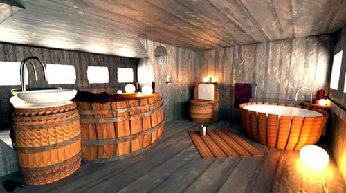 Attractive bathroom with bath from wood Attractive bathroom with bath from wood