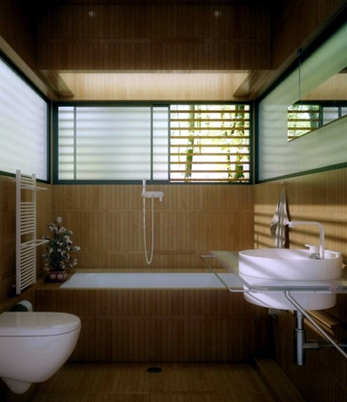 Attractive bathroom with bath from wood Attractive bathroom with bath from wood