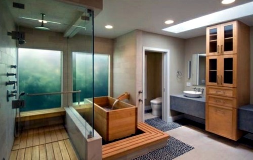 Attractive bathroom with bath from wood Attractive bathroom with bath from wood
