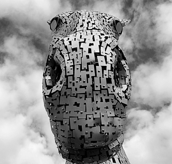 Huge Kelpies horse head sculptures tower over the Forth & Clyde Canal in Scotland