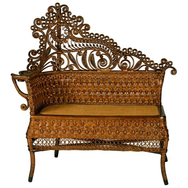 Bench with backrest made of rattan