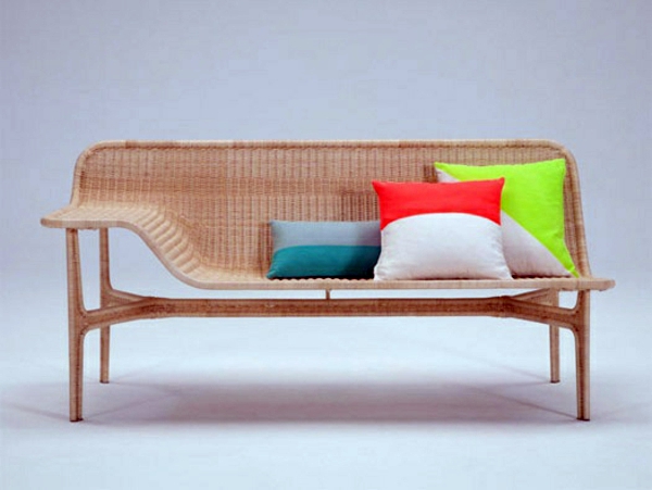 Bench with backrest made of rattan