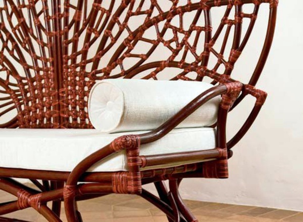 Bench with backrest made of rattan