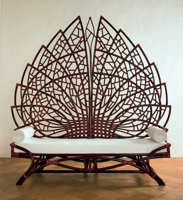 Bench with backrest made of rattan