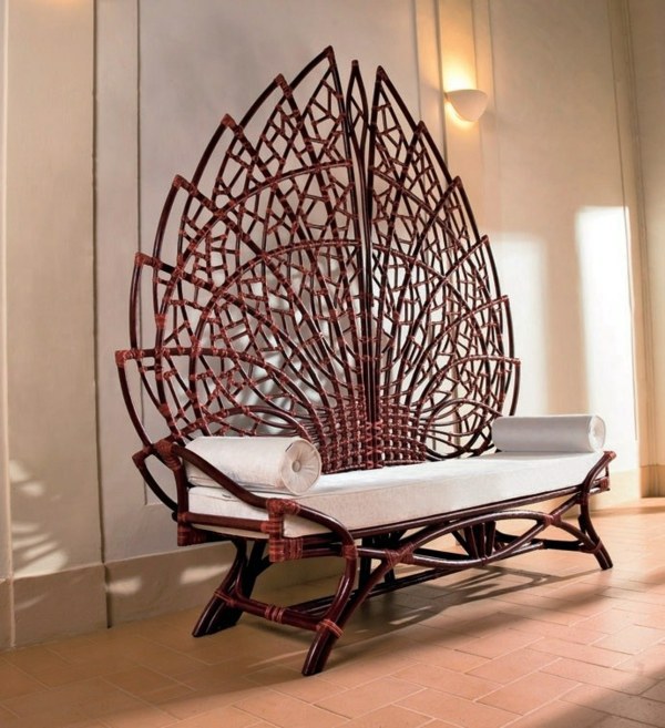 Bench with backrest made of rattan