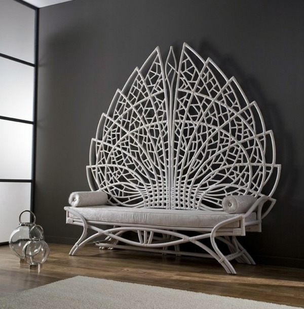 Bench with backrest made of rattan
