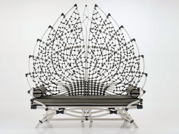 Bench with backrest made of rattan